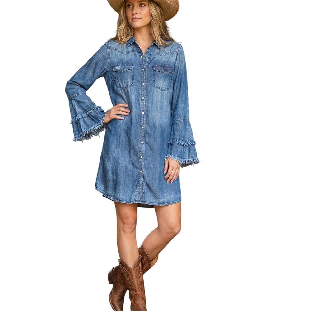 Scully Denim Blue Button-Front Long Sleeve Fringe Shift Dress